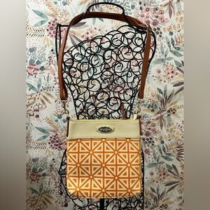 Spartina 449 Geometric Orange and Cream Crossbody Bag Linen & Leather